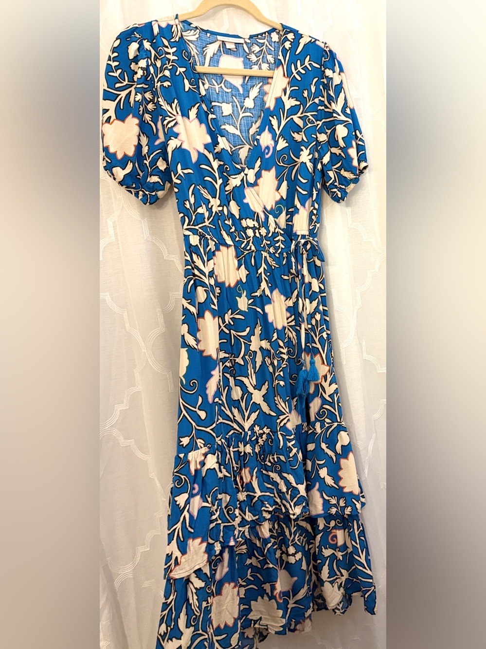 Knox Rose Blue Floral Wrap Dress Boho Ruffle Tie Waist Midi Dress Size Medium - Picture 8 of 16